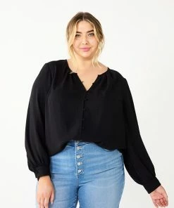Plus Size Nine West Button Front Balloon Sleeve Tunic Black -Nine West Shop unnamed file 775