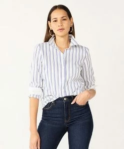 Women's Nine West Long Sleeve Structured Button-Down Shirt Black White Stripe -Nine West Shop unnamed file 794