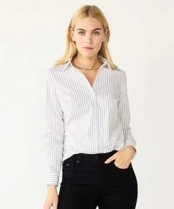 Women's Nine West Long Sleeve Structured Button-Down Shirt Black White Stripe -Nine West Shop unnamed file 795