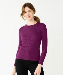 Women's Nine West Long Sleeve Rib Crewneck Sweater Pansy Plum Lurex