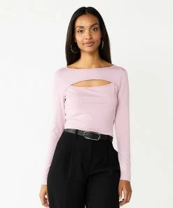 Women's Nine West Fitted Long Sleeve Cutout Top Ivory Tusk