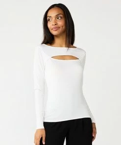 Women's Nine West Fitted Long Sleeve Cutout Top Ivory Tusk -Nine West Shop unnamed file 989